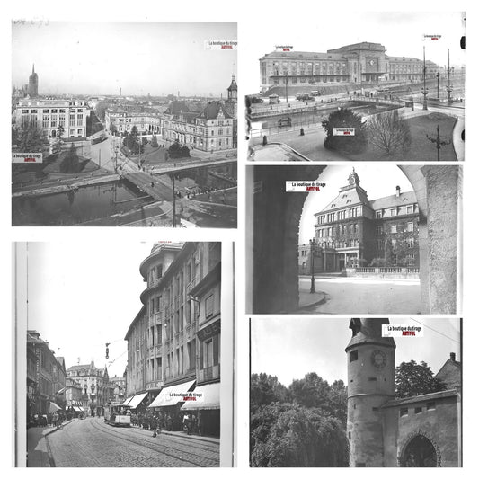 Mulhouse, tramway, gare, photos plaque de verre, lot de 5 positifs 13x18 cm
