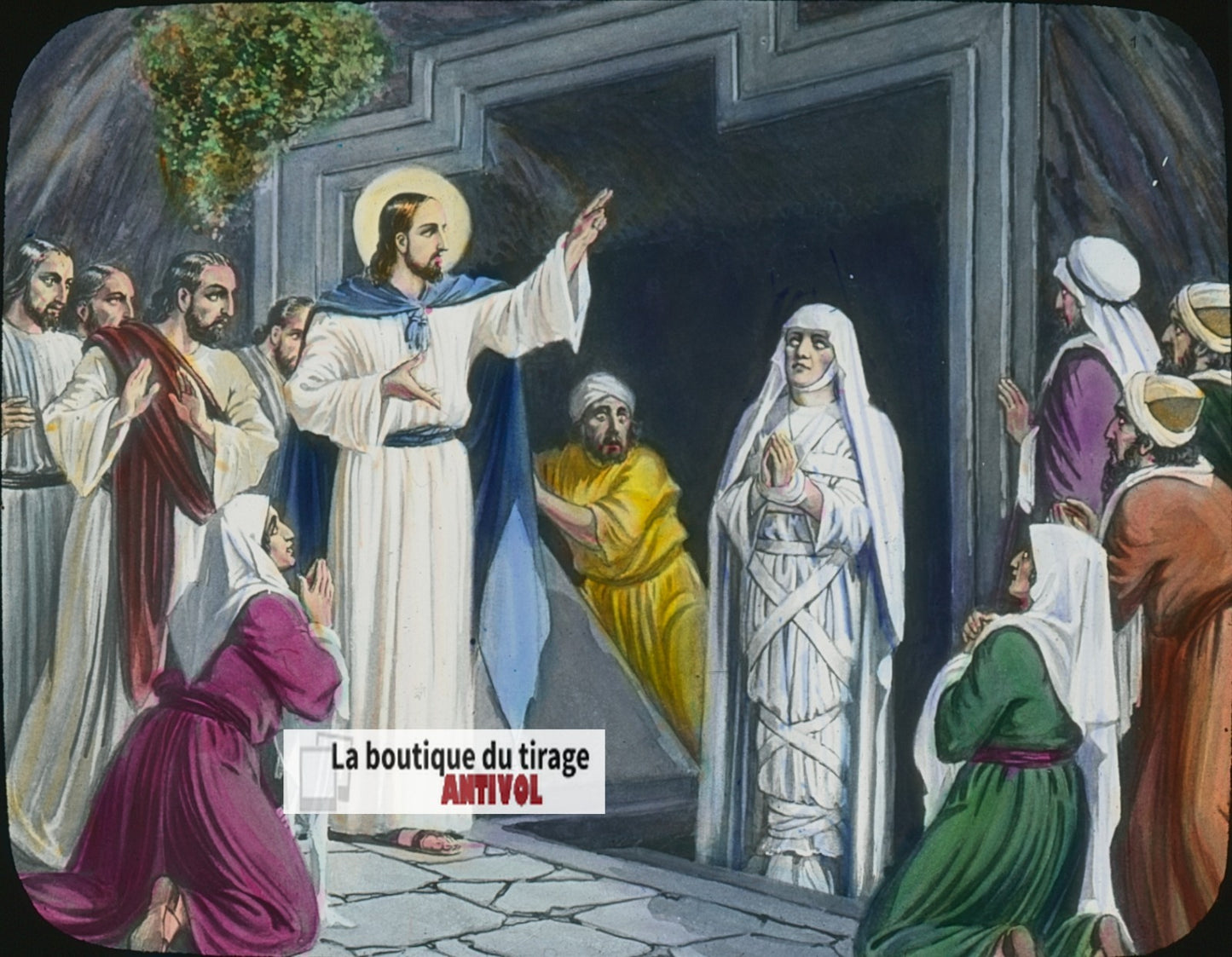 Résurrection de Lazare, illustration, plaque verre ancienne, couleur 8,5x10 cm