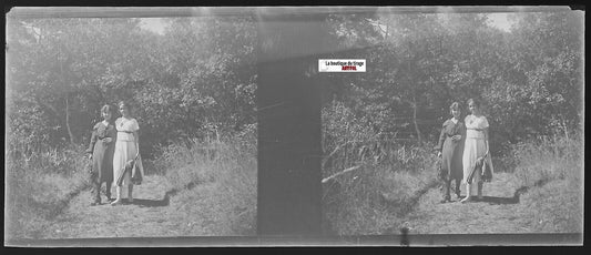 Femmes, promenade, Plaque verre photo stéréo, négatif noir & blanc 4,5x10,7 cm