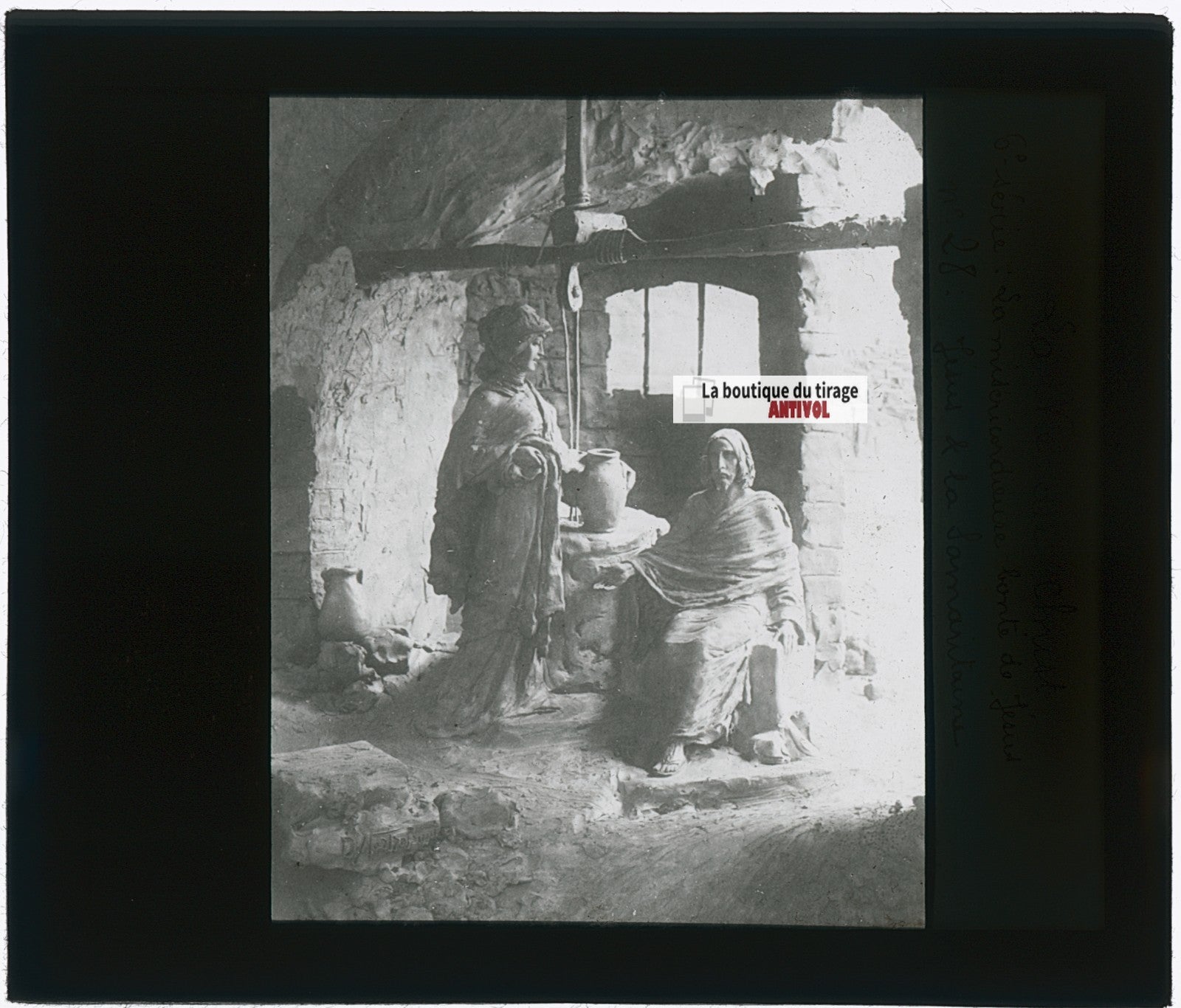 Jésus et la Samaritaine, photo plaque verre, noir & blanc, positif 8,5x10 cm