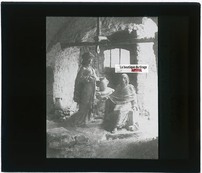 Jésus et la Samaritaine, photo plaque verre, noir & blanc, positif 8,5x10 cm