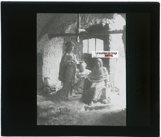 Jésus et la Samaritaine, photo plaque verre, noir & blanc, positif 8,5x10 cm