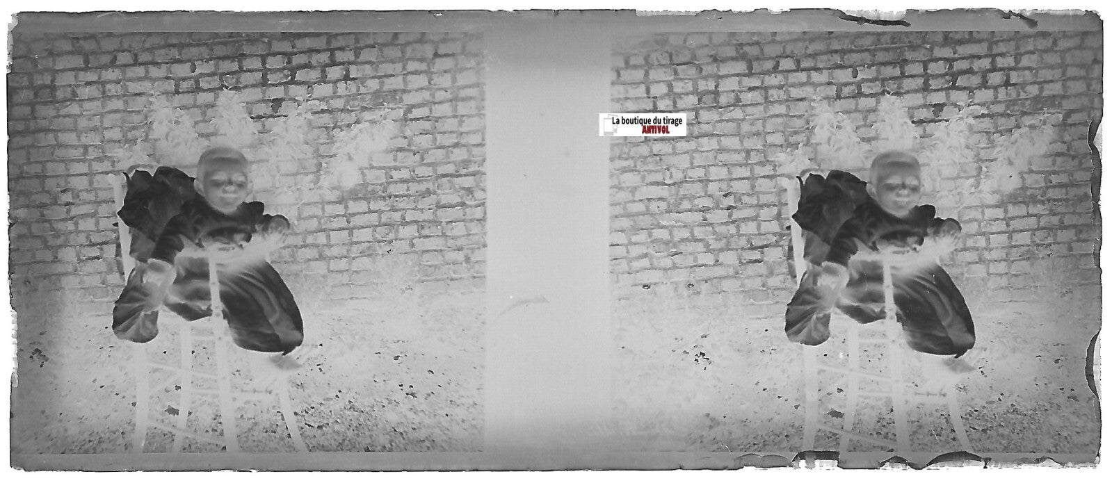 Bébé jardin, Plaque verre photo stéréoscopique, négatif noir & blanc 4,5x10,7 cm