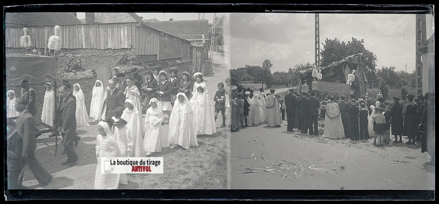 Procession, village France, plaque verre, photo ancienne, négatif N&B 6x13 cm