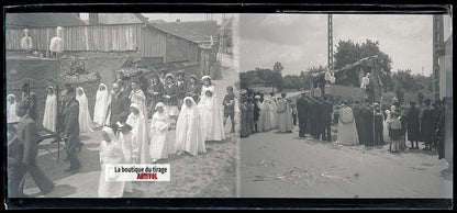 Procession, village France, plaque verre, photo ancienne, négatif N&B 6x13 cm