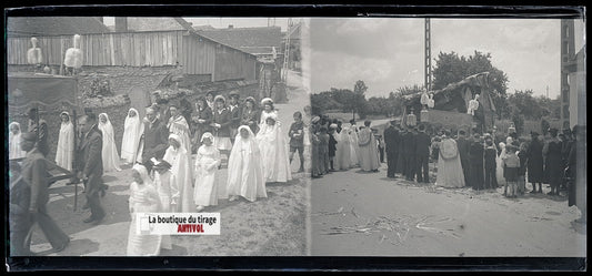 Procession, village France, plaque verre, photo ancienne, négatif N&B 6x13 cm