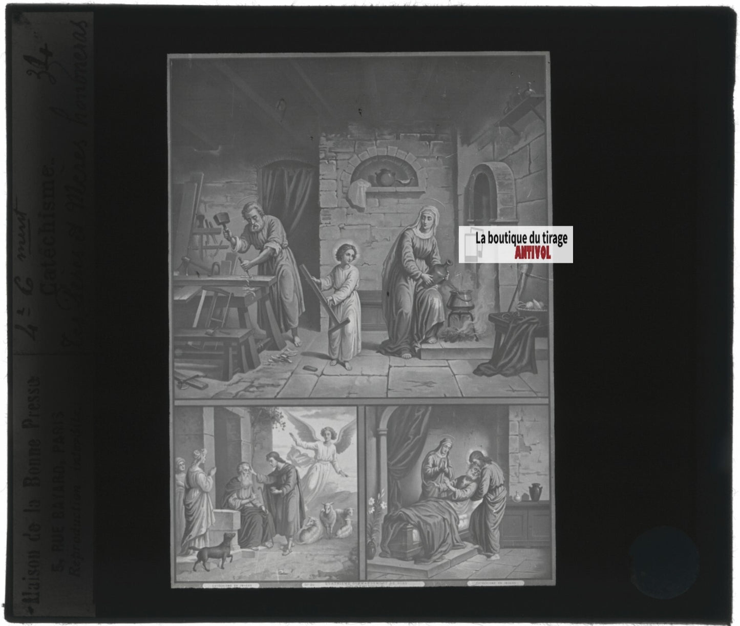 Scène religieuse, catéchisme, dessin peinture, plaque verre, positif 8,5x10 cm