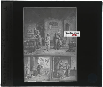 Scène religieuse, catéchisme, dessin peinture, plaque verre, positif 8,5x10 cm