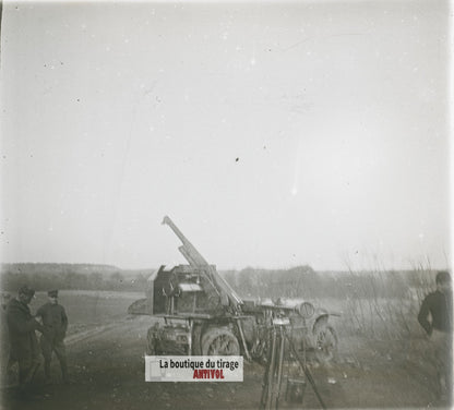 Pièce d’artillerie française, WW1, plaque verre photo ancienne stéréo 6x13 cm