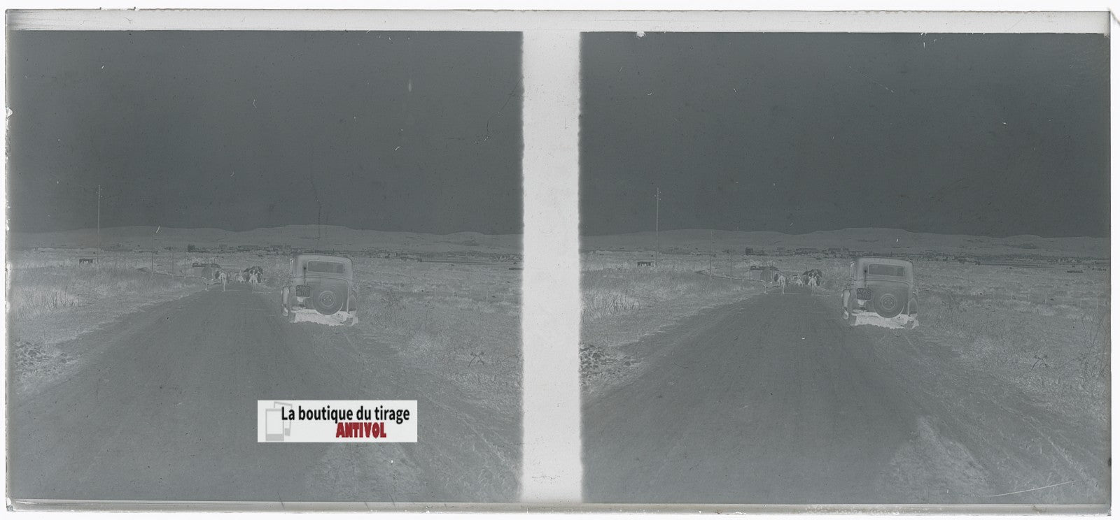 Algérie, voiture, plaque verre, photo stéréo, négatif noir & blanc 6x13 cm