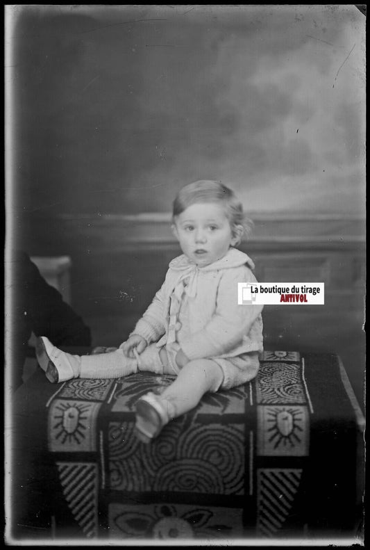 Enfant, bébé, Plaque verre photo ancienne, négatif noir & blanc 10x15 cm France