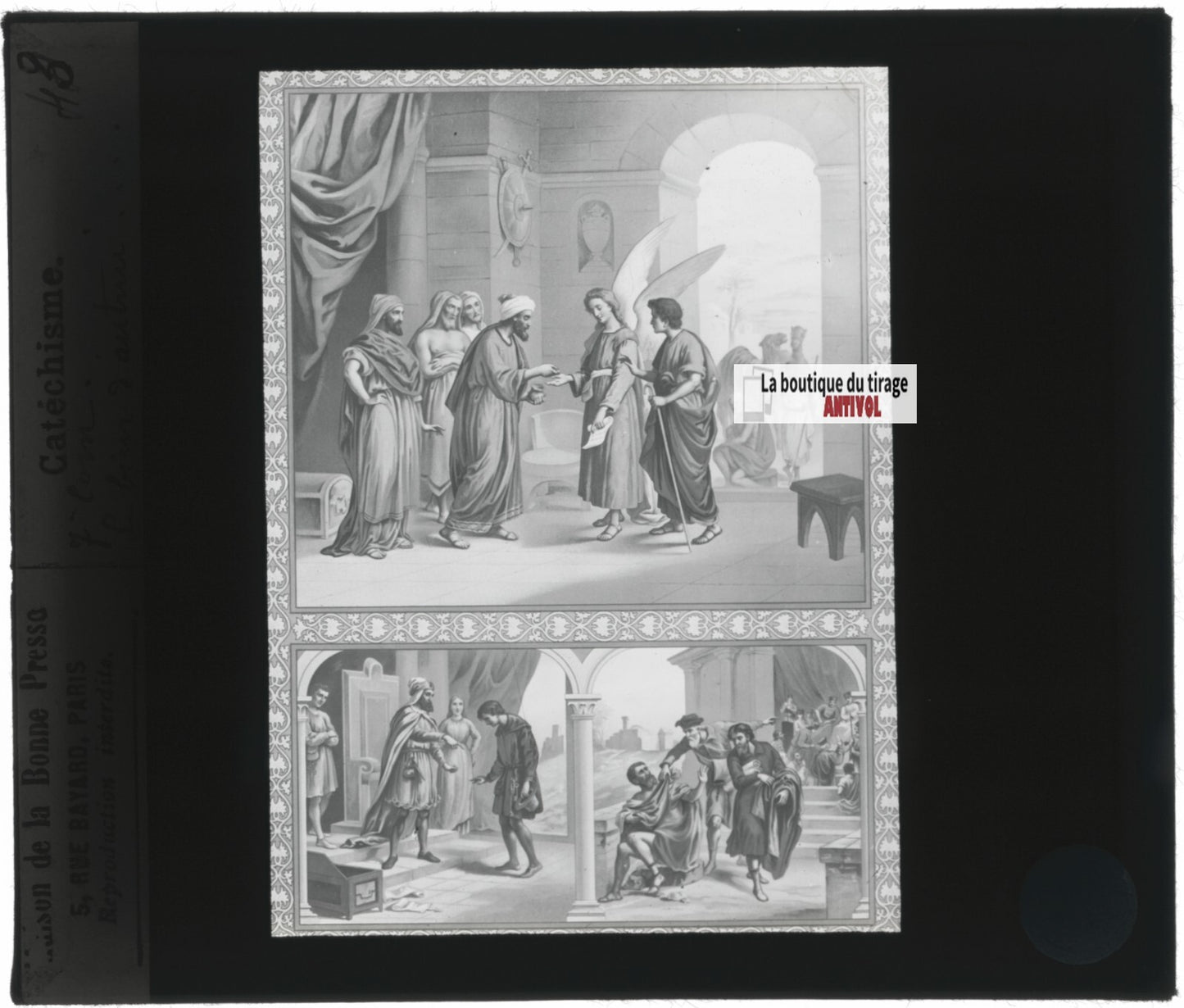 Scène religieuse, catéchisme, dessin peinture, plaque verre, positif 8,5x10 cm