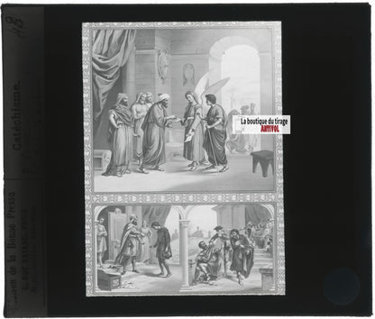 Scène religieuse, catéchisme, dessin peinture, plaque verre, positif 8,5x10 cm
