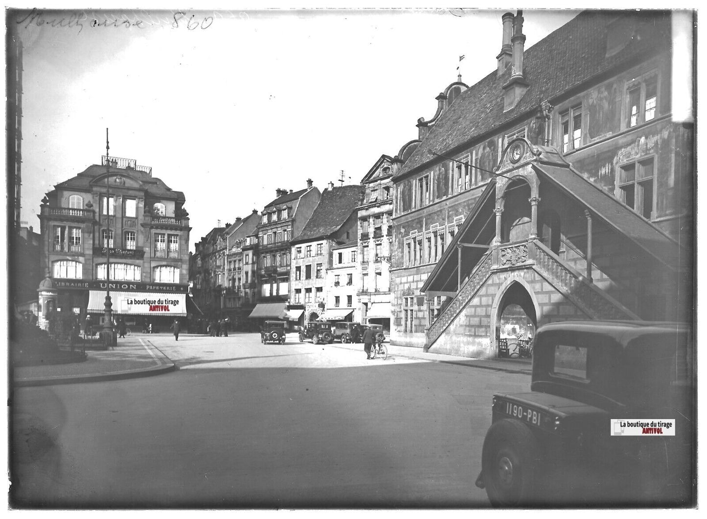 Plaque verre photo ancienne positif noir & blanc 13x18 cm Mulhouse hôtel ville