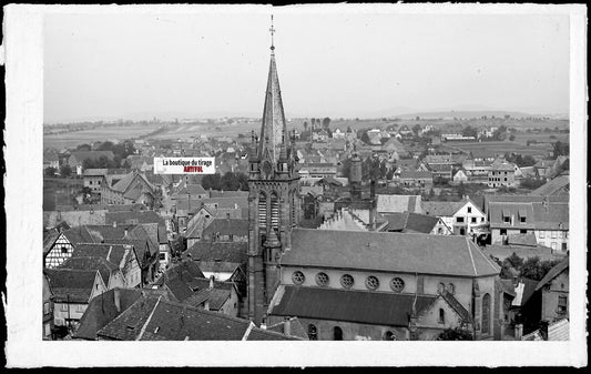 Plaque verre photo ancienne, négatif noir & blanc 9x14 cm, Pfaffenhoffen, église