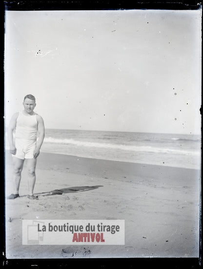 Homme, mer, Oran, Algérie, plaque verre, photo ancienne, négatif 9x12 cm