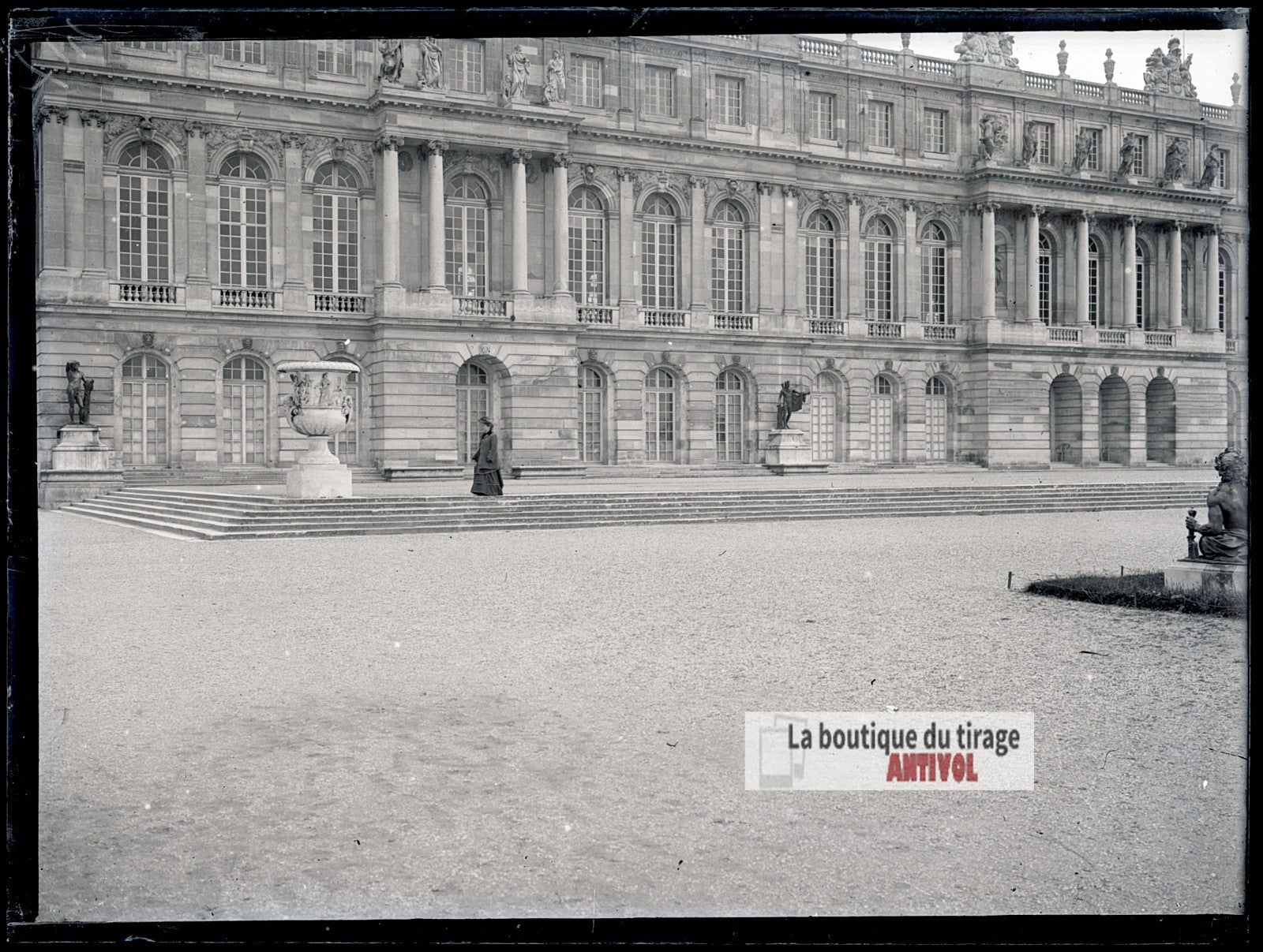 Façade du château de Versailles, plaque verre photo ancienne, négatif 9x12 cm