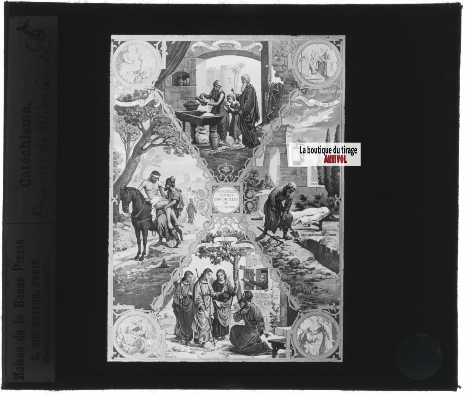 Scène religieuse, catéchisme, dessin peinture, plaque verre, positif 8,5x10 cm