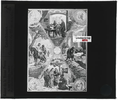 Scène religieuse, catéchisme, dessin peinture, plaque verre, positif 8,5x10 cm