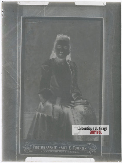 Portrait d'une jeune fille, robe, plaque verre photo ancienne, négatif 9x12 cm