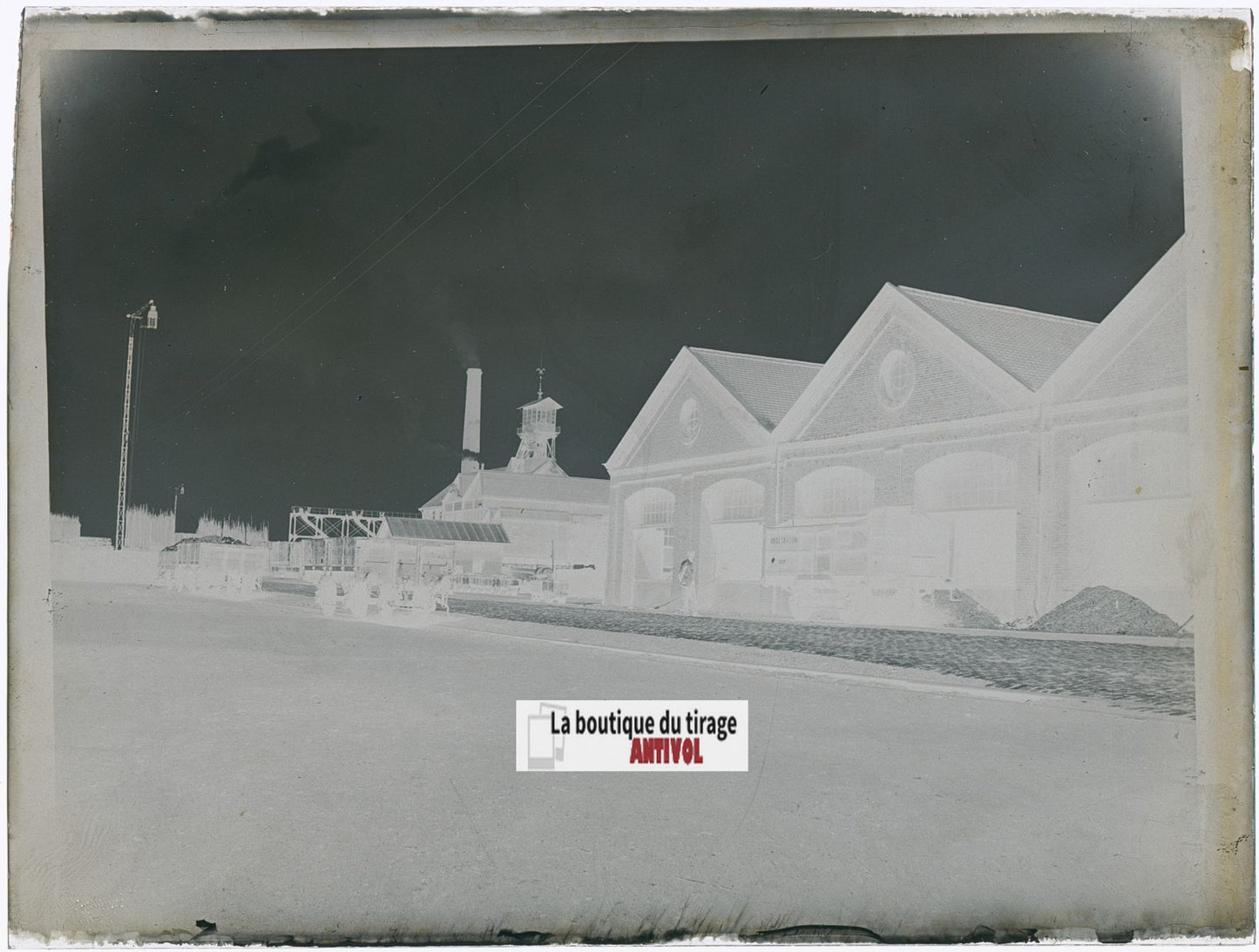 Usine, industrie, photo ancienne plaque verre, négatif noir & blanc, 9x12 cm