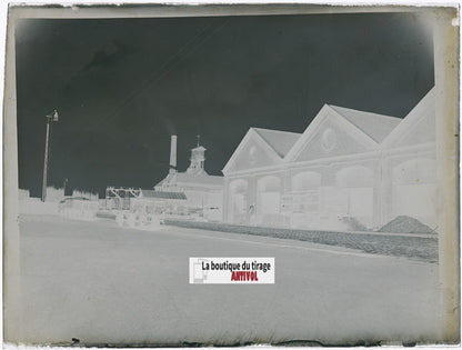 Usine, industrie, photo ancienne plaque verre, négatif noir & blanc, 9x12 cm