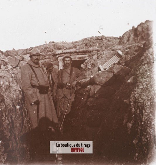 Vauquois, Argonne, tranchée guerre WW1, plaque verre stéréo, photo 4,5x10,7 cm