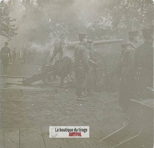 Pièce artillerie, guerre, plaque verre stéréo, photo ancienne 4,5x10,7 cm