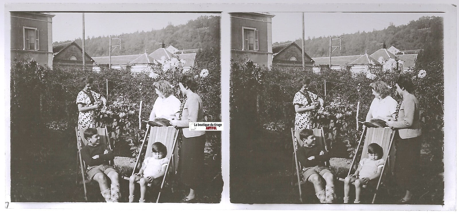 Famille, France, Plaque verre photo stéréo, positif noir & blanc 6x13 cm
