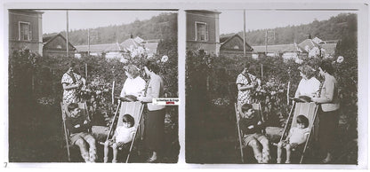 Famille, France, Plaque verre photo stéréo, positif noir & blanc 6x13 cm
