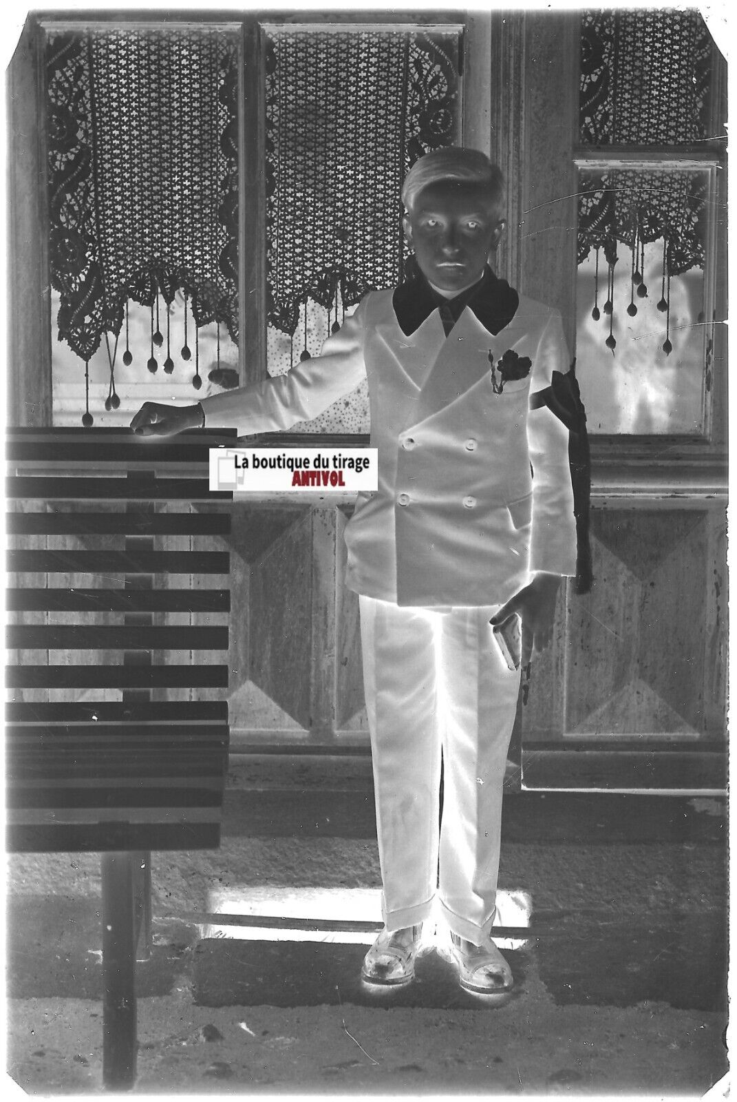 Communion, garçon, Plaque verre photo, négatif noir & blanc 10x15 cm France