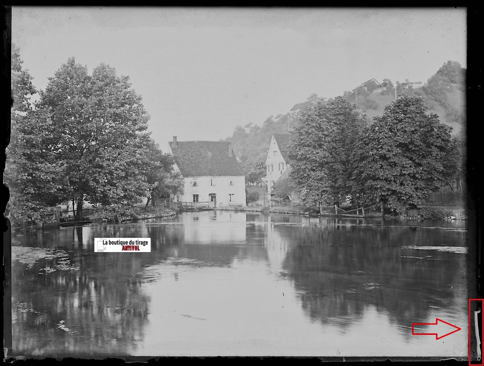 Rivière moulin, paysage, Plaque verre photo, négatif ancien noir & blanc 9x12 cm