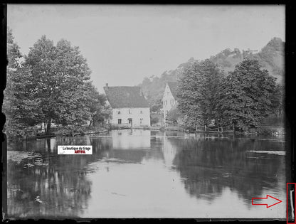 Rivière moulin, paysage, Plaque verre photo, négatif ancien noir & blanc 9x12 cm