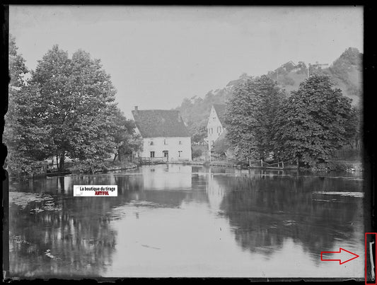 Rivière moulin, paysage, Plaque verre photo, négatif ancien noir & blanc 9x12 cm
