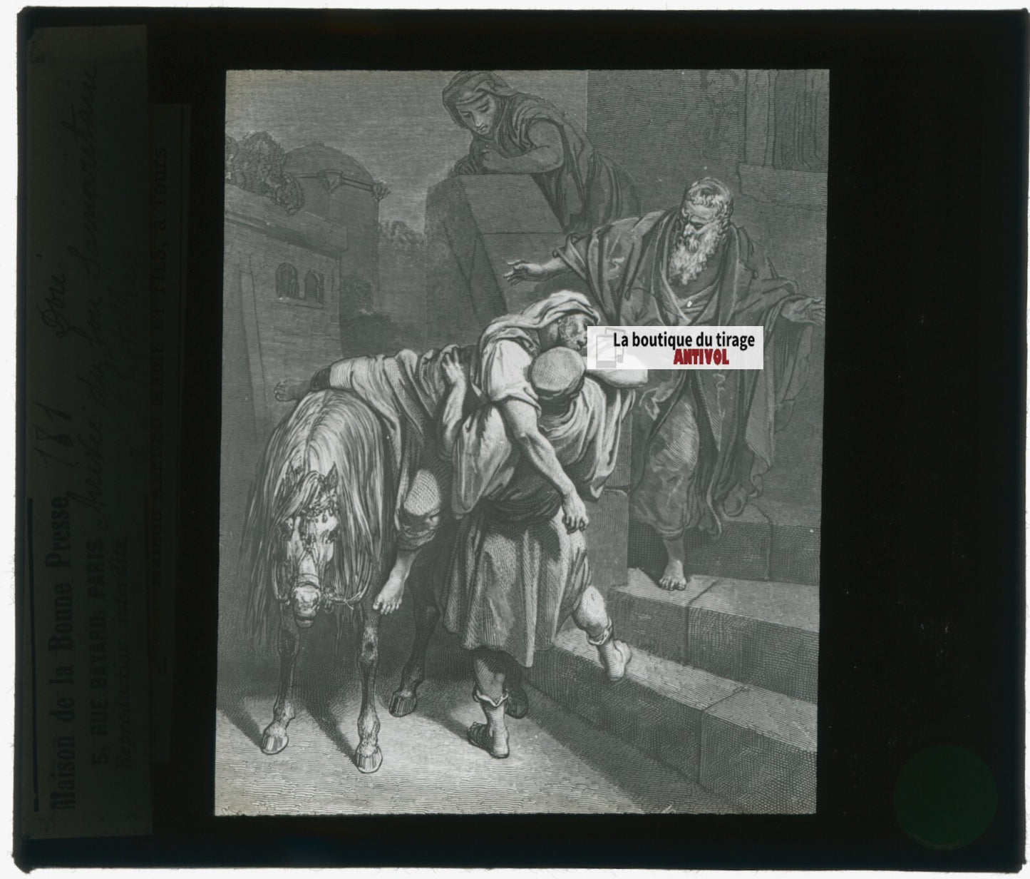 Histoire, Bible Doré, dessin, plaque de verre, noir & blanc, positif 8,5x10 cm