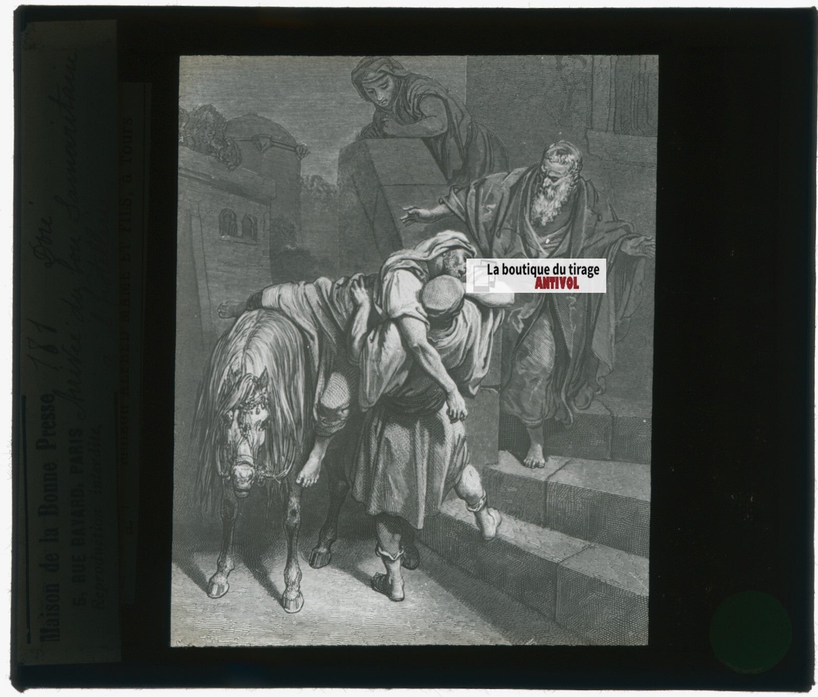 Histoire, Bible Doré, dessin, plaque de verre, noir & blanc, positif 8,5x10 cm