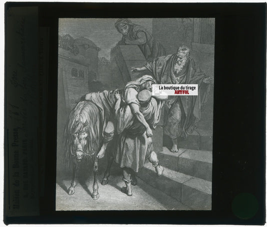 Histoire, Bible Doré, dessin, plaque de verre, noir & blanc, positif 8,5x10 cm