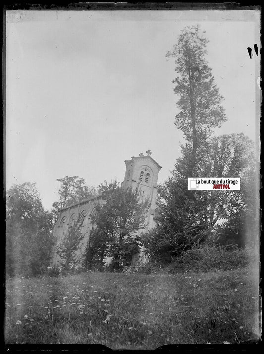 Eglise à situer, Plaque verre photo ancienne, négatif noir & blanc 9x12 cm