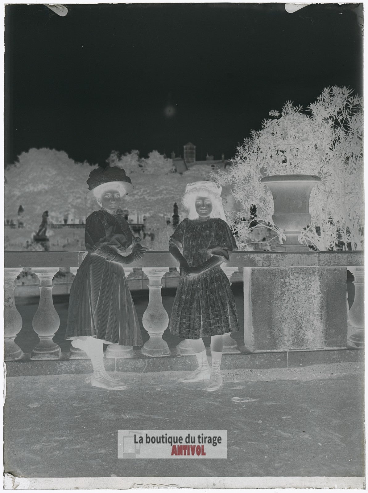 Dames en robe, Jardin Luxembourg, plaque verre, photo ancienne, négatif 9x12 cm