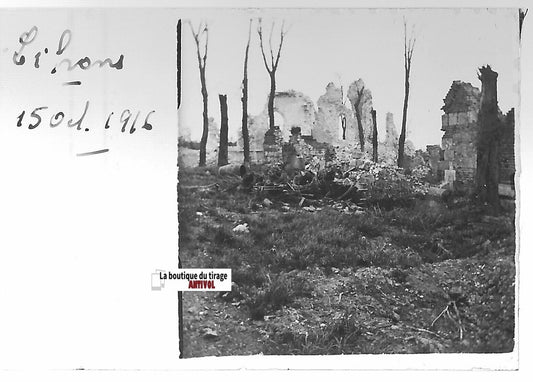 Lihons, ruines WW1 guerre, Plaque verre stéréo, positif noir & blanc 4,5x10,7 cm