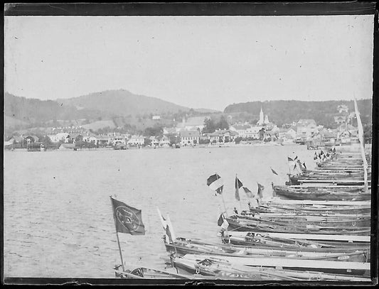 Plaque verre photo ancienne négatif noir et blanc 4x6 cm barque eau village 