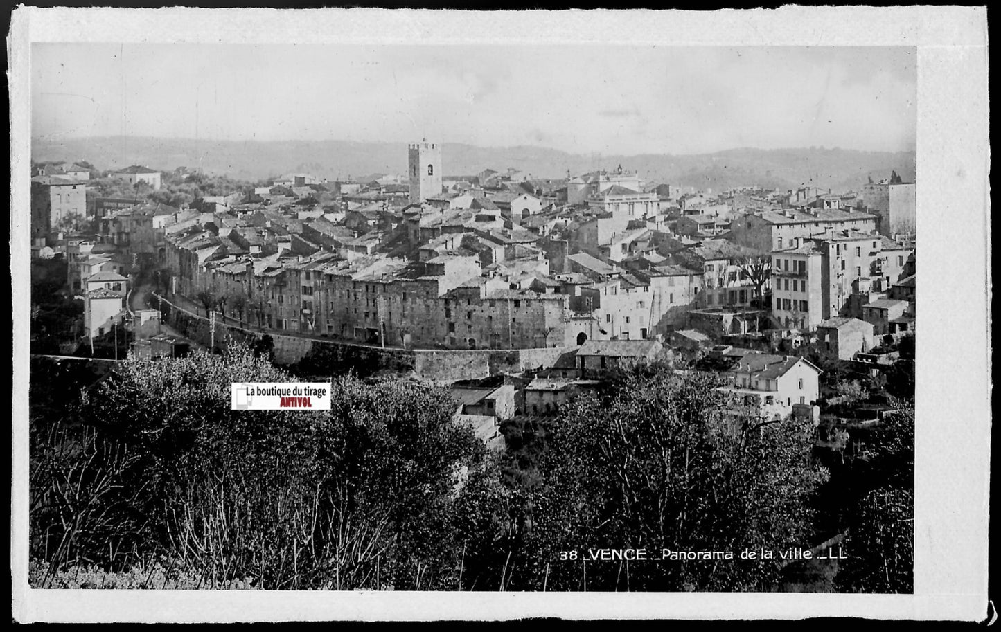 Plaque verre photo ancienne, négatif noir & blanc 9x14 cm, Vence, carte postale