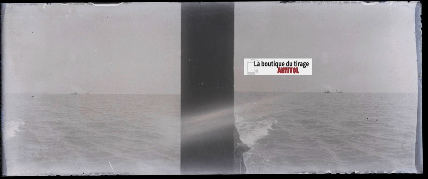 Bateau, mer, Plaque verre stéréoscopie, négatif noir & blanc 4,5x10,7 cm