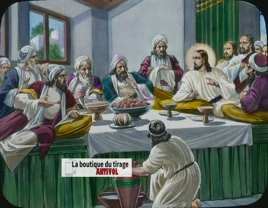 Repas chez le pharisien, dessin, plaque verre ancienne, couleur 8,5x10 cm