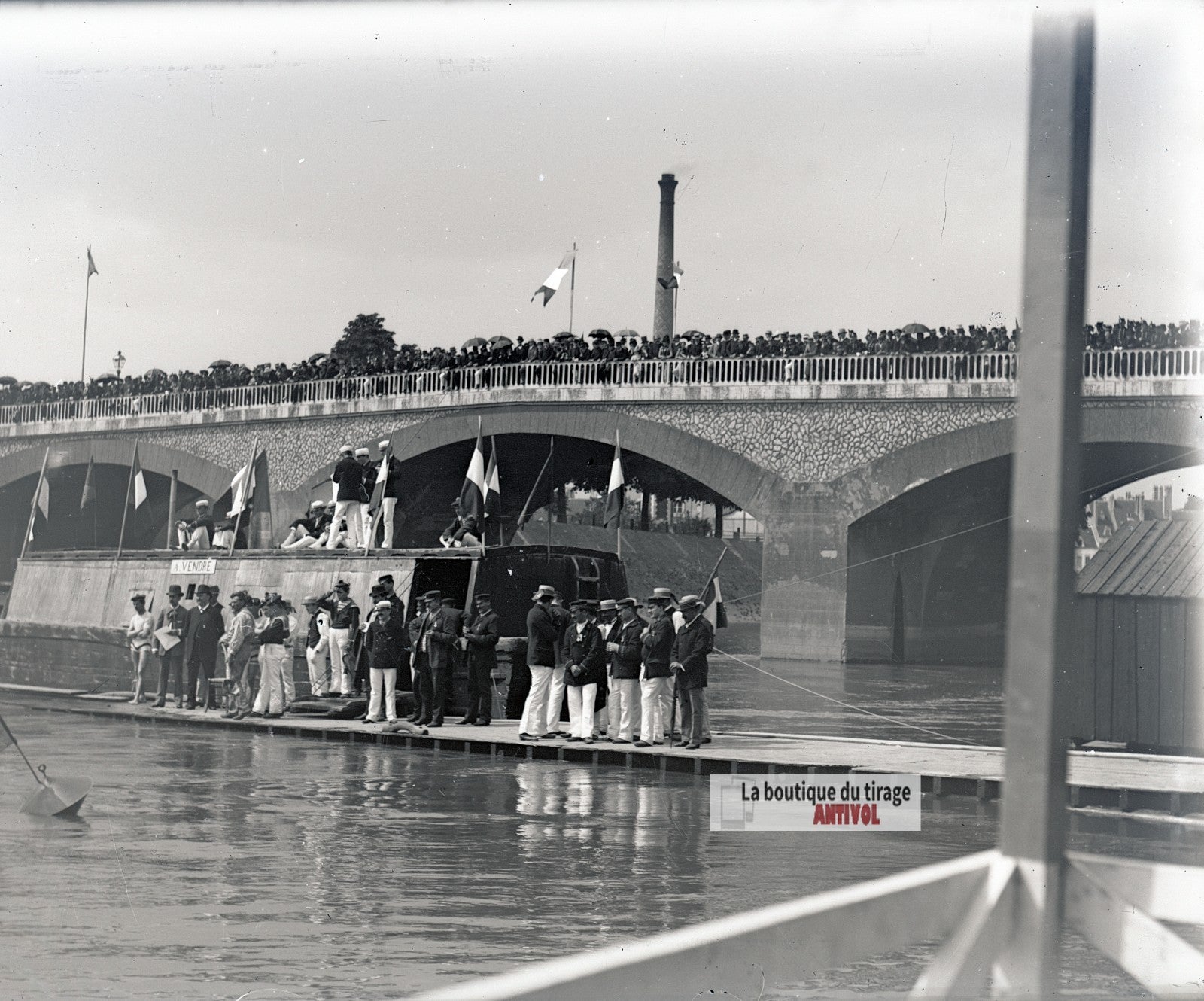 Fête nautique sur la Seine, Paris, plaque verre photo ancienne, négatif 9x12 cm