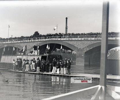 Fête nautique sur la Seine, Paris, plaque verre photo ancienne, négatif 9x12 cm