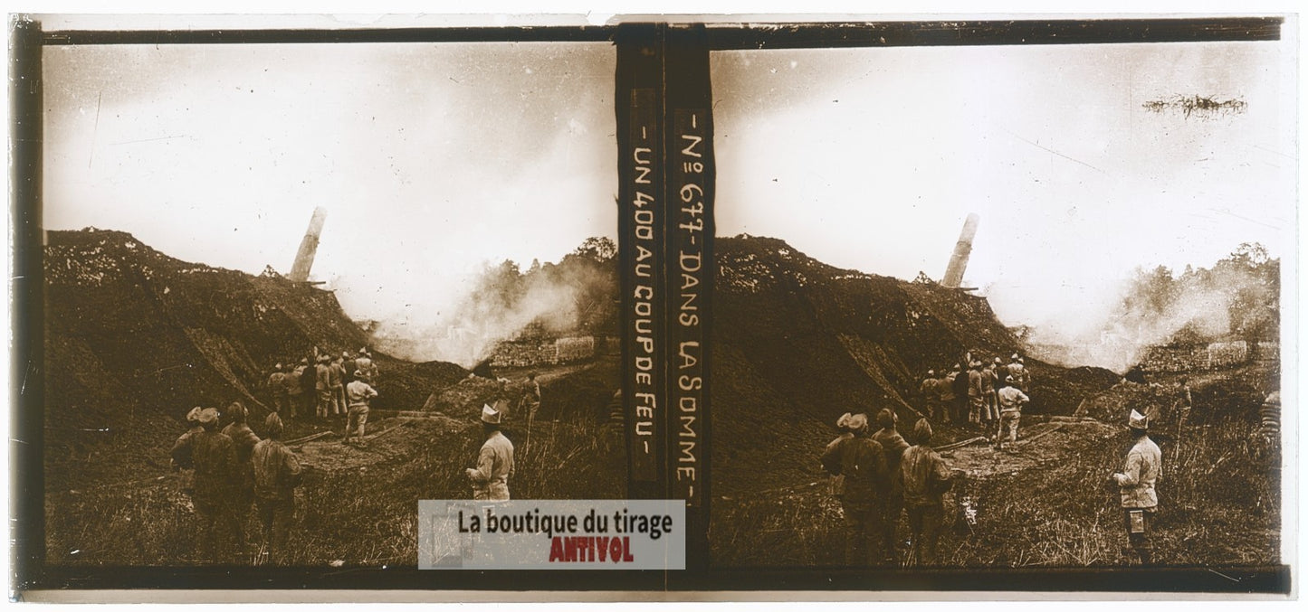 Somme, canon de 400, guerre WW1, plaque verre photo ancienne stéréo 6x13 cm