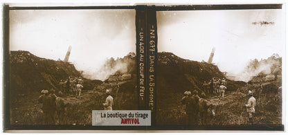 Somme, canon de 400, guerre WW1, plaque verre photo ancienne stéréo 6x13 cm