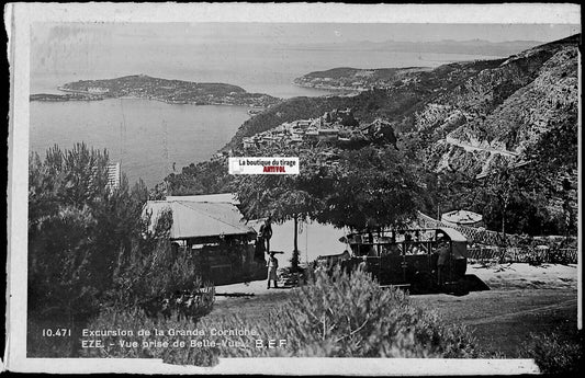 Plaque verre photo ancienne négatif noir & blanc 9x14 cm, Èze, paysage, bus