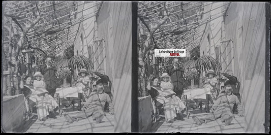 Normandie, famille maison, stéréoscopie plaque ancienne verre, négatif 9x18 cm